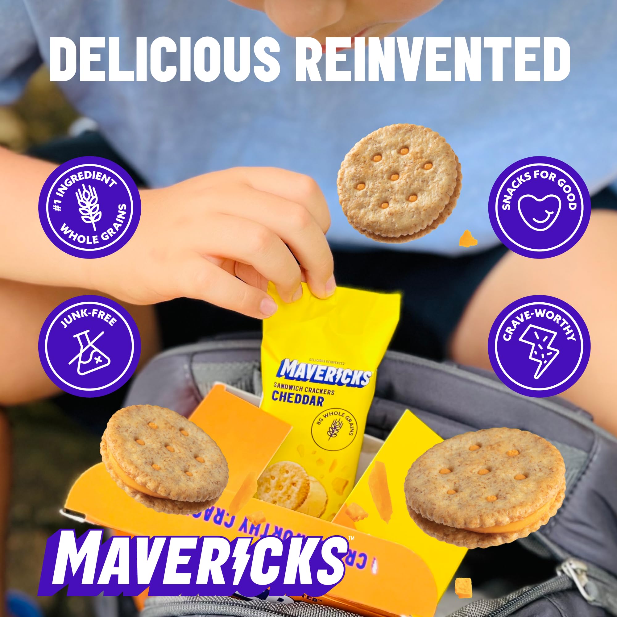 MAVERICKS cheddar crackers pack with label showcases convenient grab-and-go snack option.