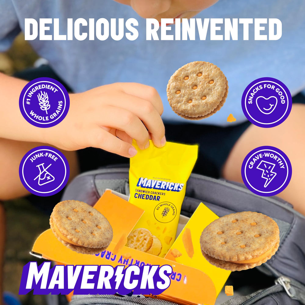 MAVERICKS cheddar crackers pack with label showcases convenient grab-and-go snack option.