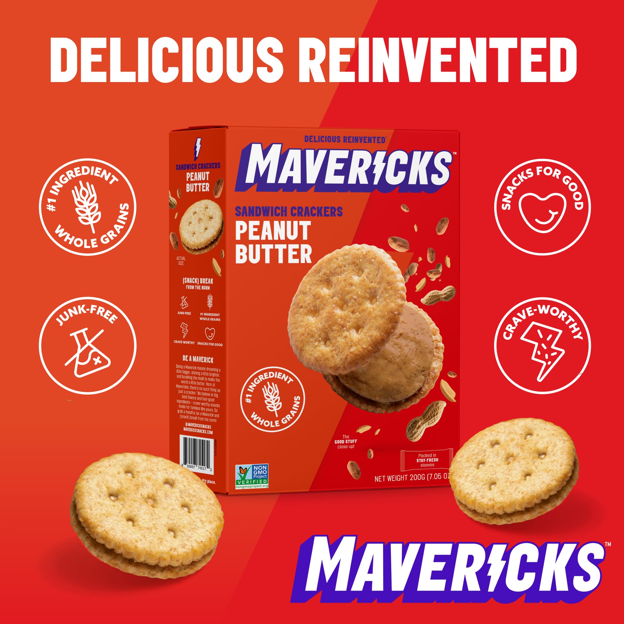MAVERICKS Crackers Original closeup crackers emphasizes the peanut butter sandwich flavor and texture.