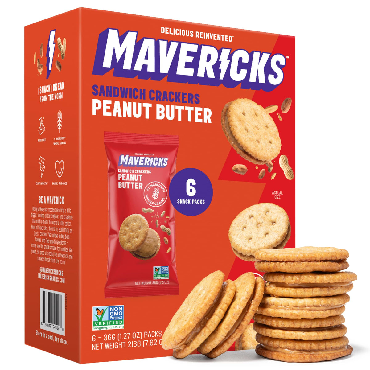 MAVERICKS peanut butter sandwich cracker full package ready for on-the-go snacking.