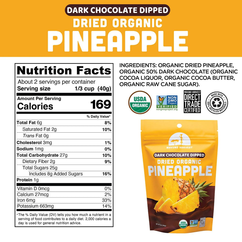 Mavuno Harvest dark-chocolate coated pineapple bite, great energy-boosting snack.