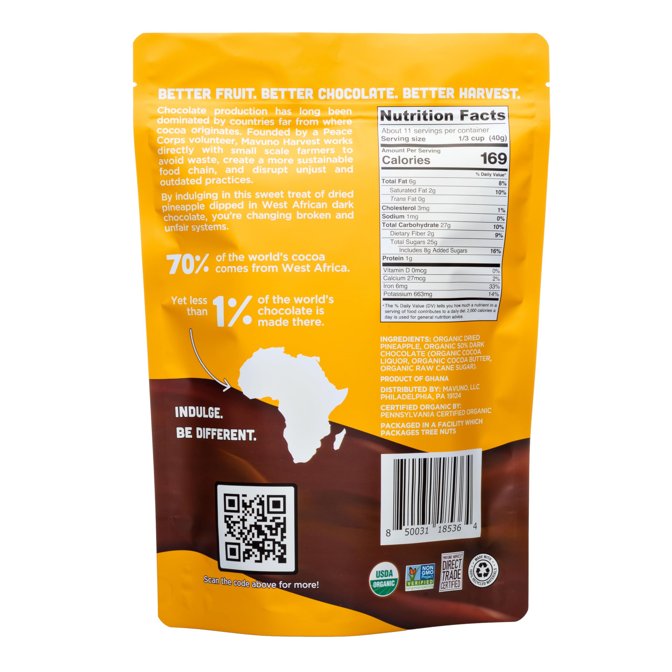 Mavuno Harvest organic dried pineapple dipped in dark chocolate, certified organic and vegan.