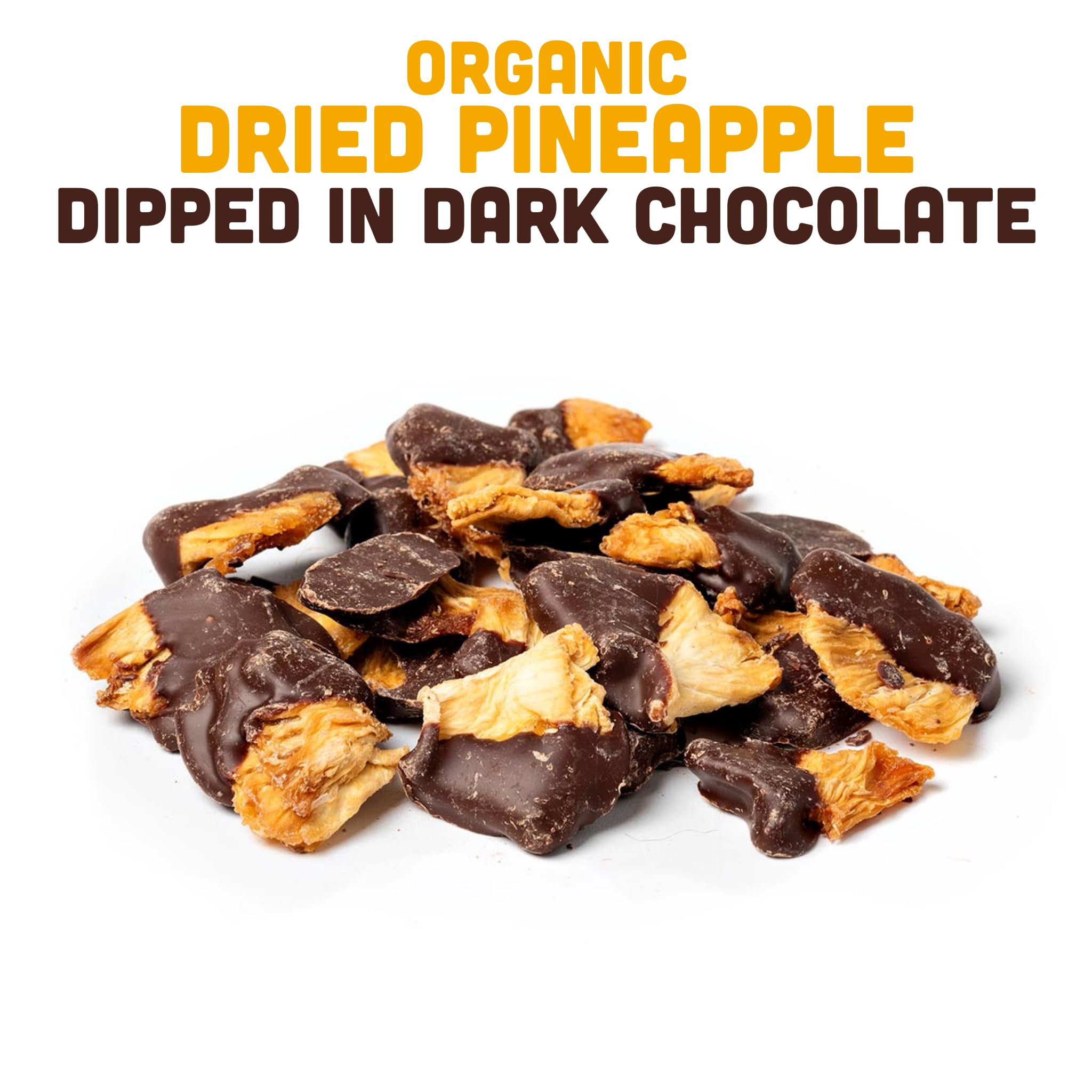 Mavuno Harvest vegan, non-GMO chocolate-dipped pineapple piece ideal for on-the-go snacking.