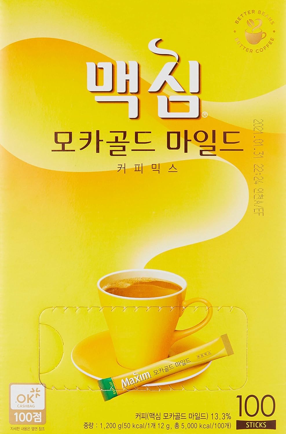Maxim Mocha Gold Mild Coffee Mix ingredients label shows classic Korean instant coffee.