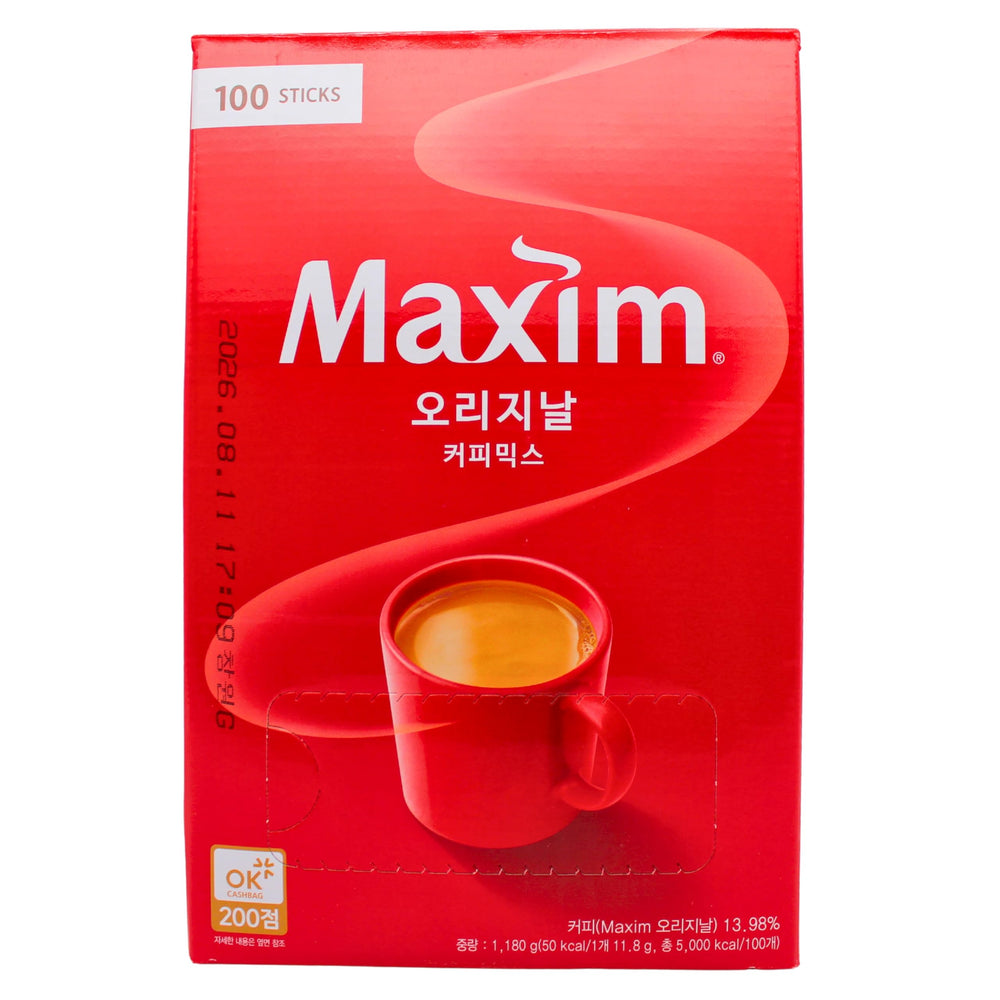 Close-up of Maxim Original Coffee Mix sachets illustrating compact packaging