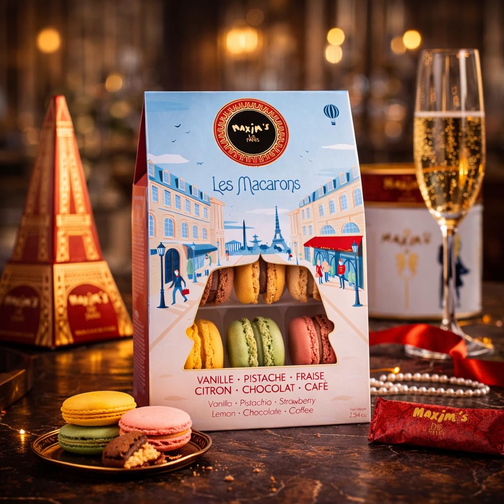 Maxim's de Paris macarons on a plate inviting tasting of vanilla, coffee, chocolate and pistachio.