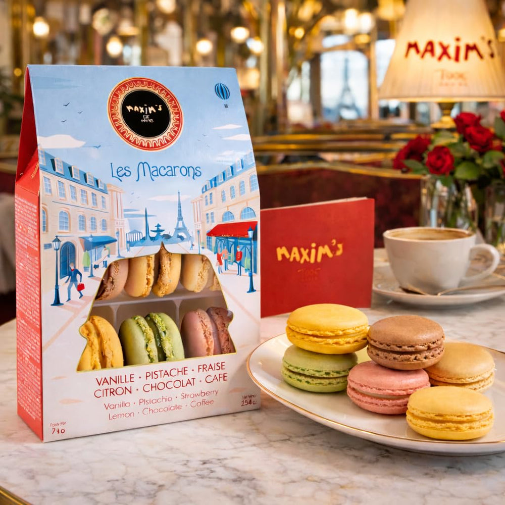 Maxim's de Paris macarons assorted flavors close-up showcases vibrant textures.