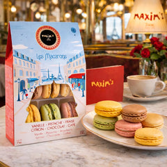 Maxim's de Paris macarons assorted flavors close-up showcases vibrant textures.