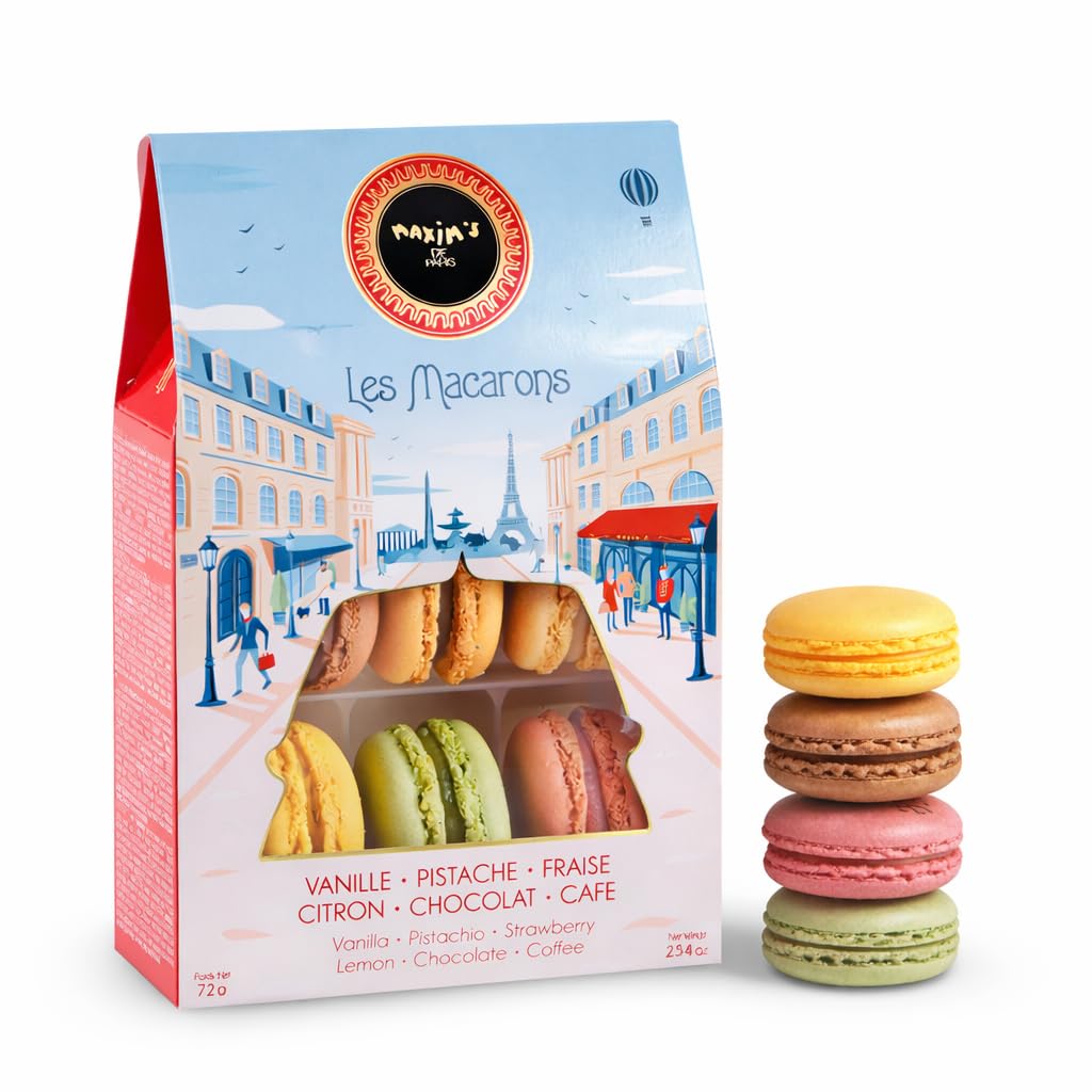 Maxim's de Paris macarons gift box, elegant presentation ideal for gifting occasions.