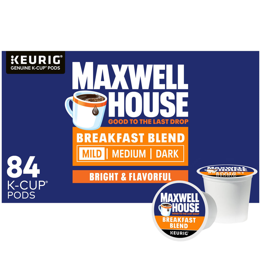 Maxwell House Breakfast Blend box on a kitchen counter ready for mornings.