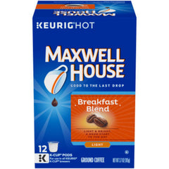 MAXWELL HOUSE Breakfast Blend K-Cups in a box, convenient single-serve for busy mornings.