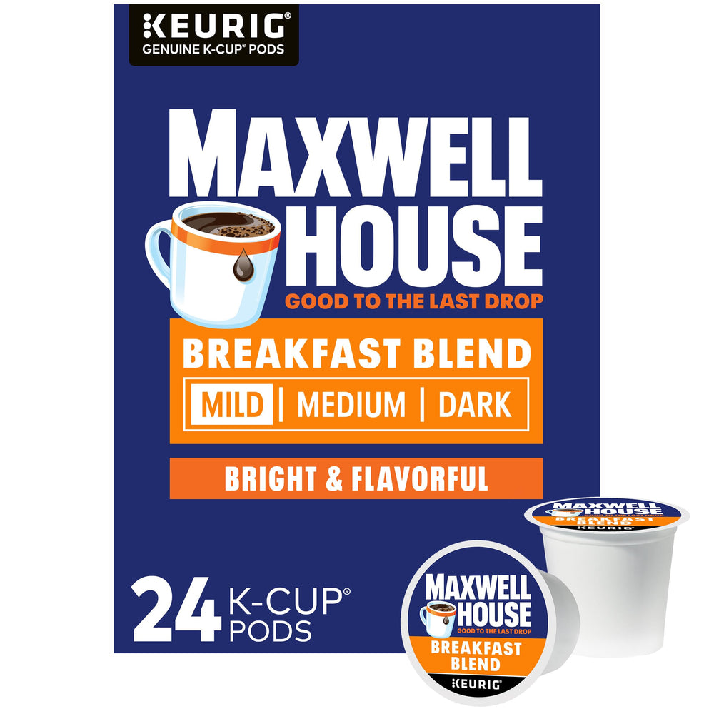 Maxwell House Breakfast Blend light roast K-Cup pods with bright morning aroma.