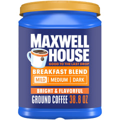 Maxwell House Breakfast Blend Mild Roast canister ready for easy at-home brewing