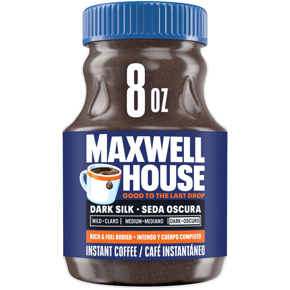 MAXWELL HOUSE Dark Silk Instant Coffee jar on kitchen counter for quick mornings