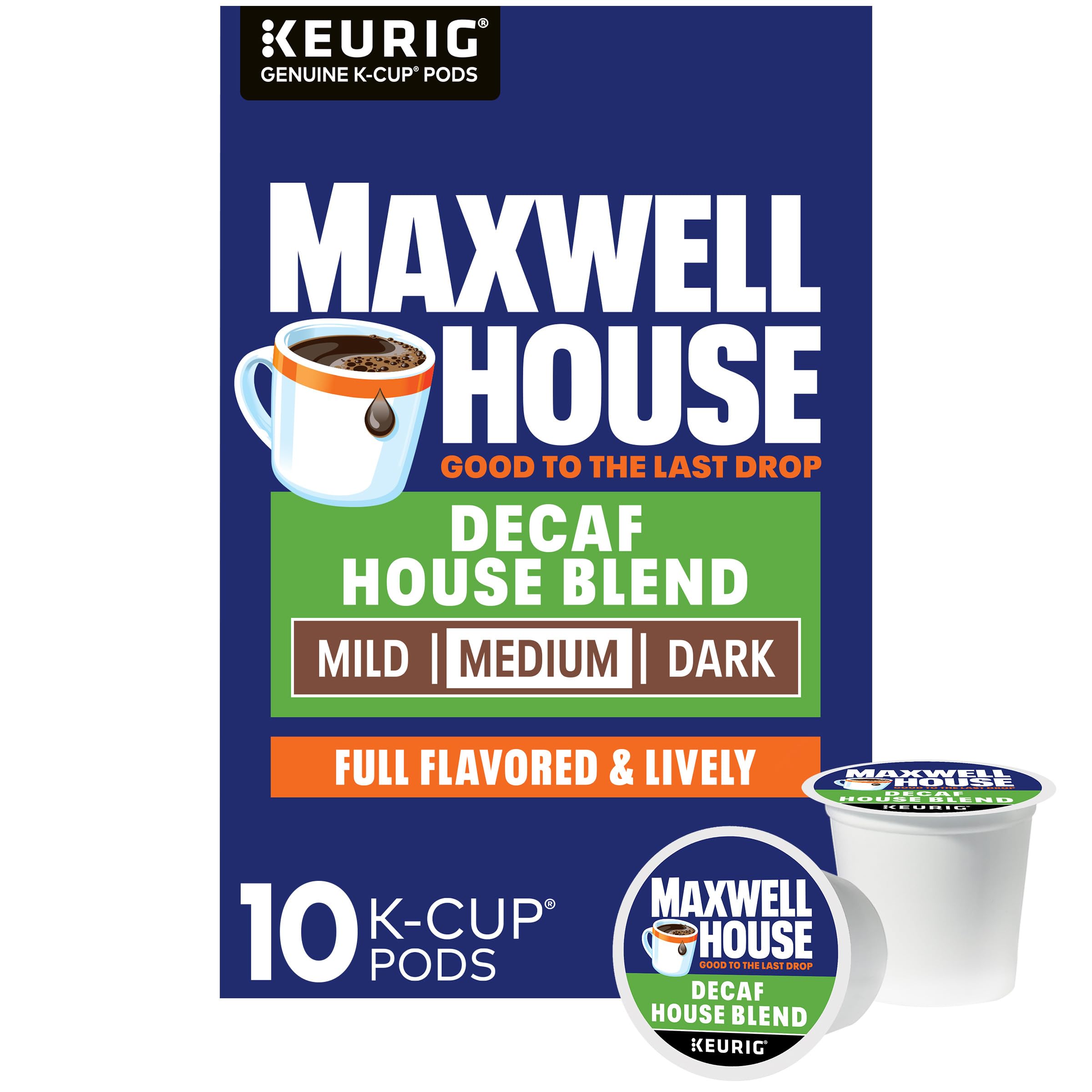 Maxwell House Decaf House Blend K-Cup pods in a 10-count box for convenient brewing