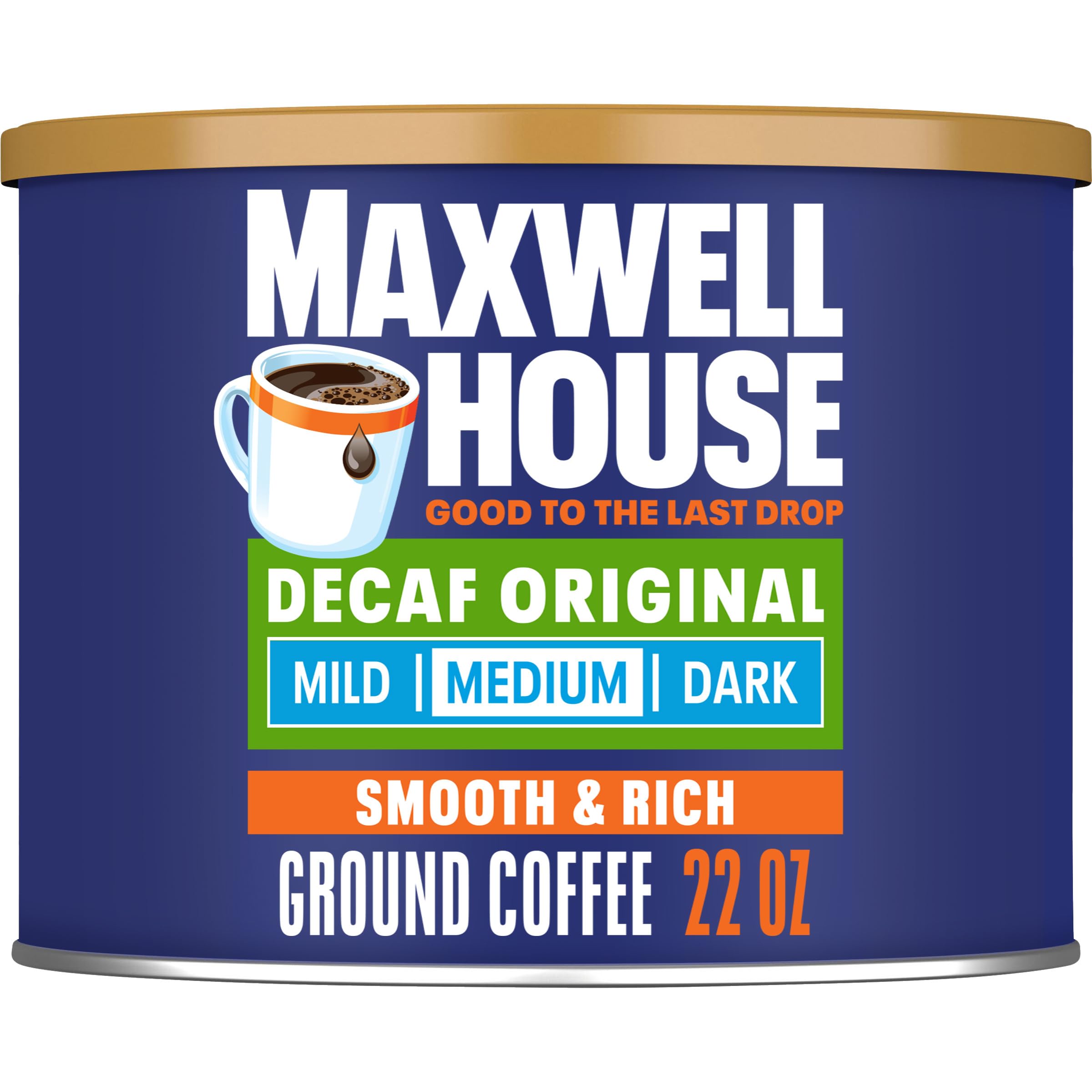Maxwell House Decaf Original Medium Roast canister with resealable lid for lasting freshness.