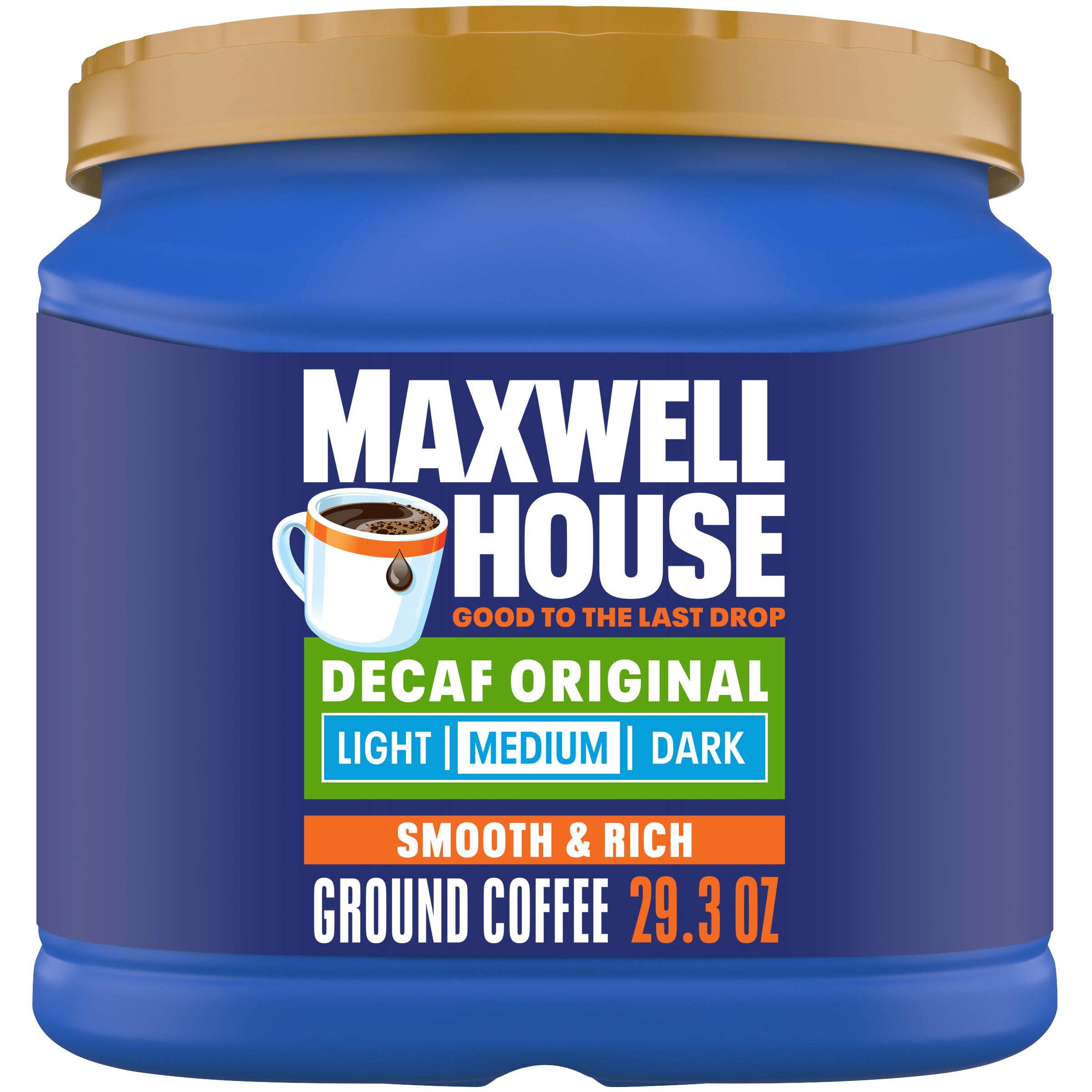 Maxwell House Decaf Original roast canister front view for easy daily brewing