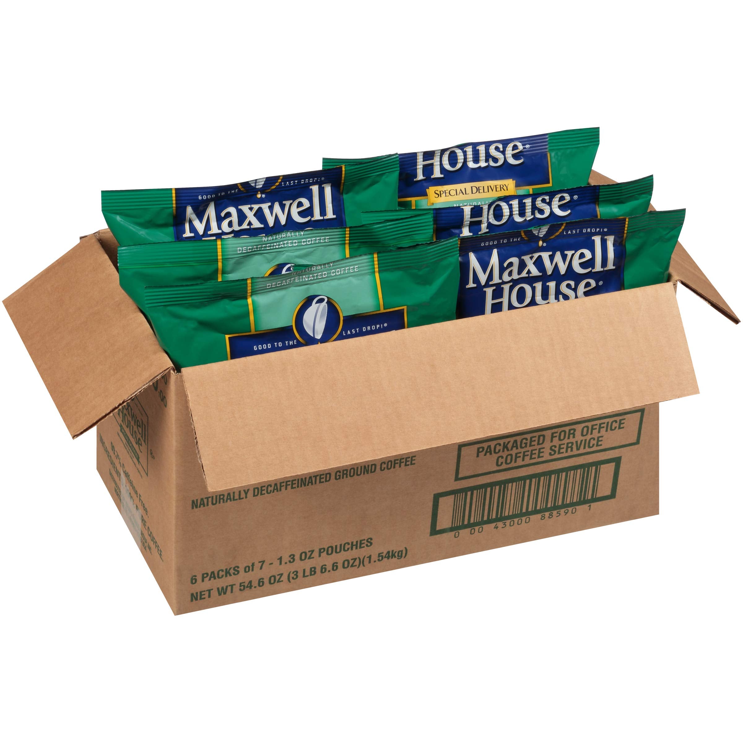 Maxwell House Decaf Special Delivery packaging highlights mess-free fast cleanup.