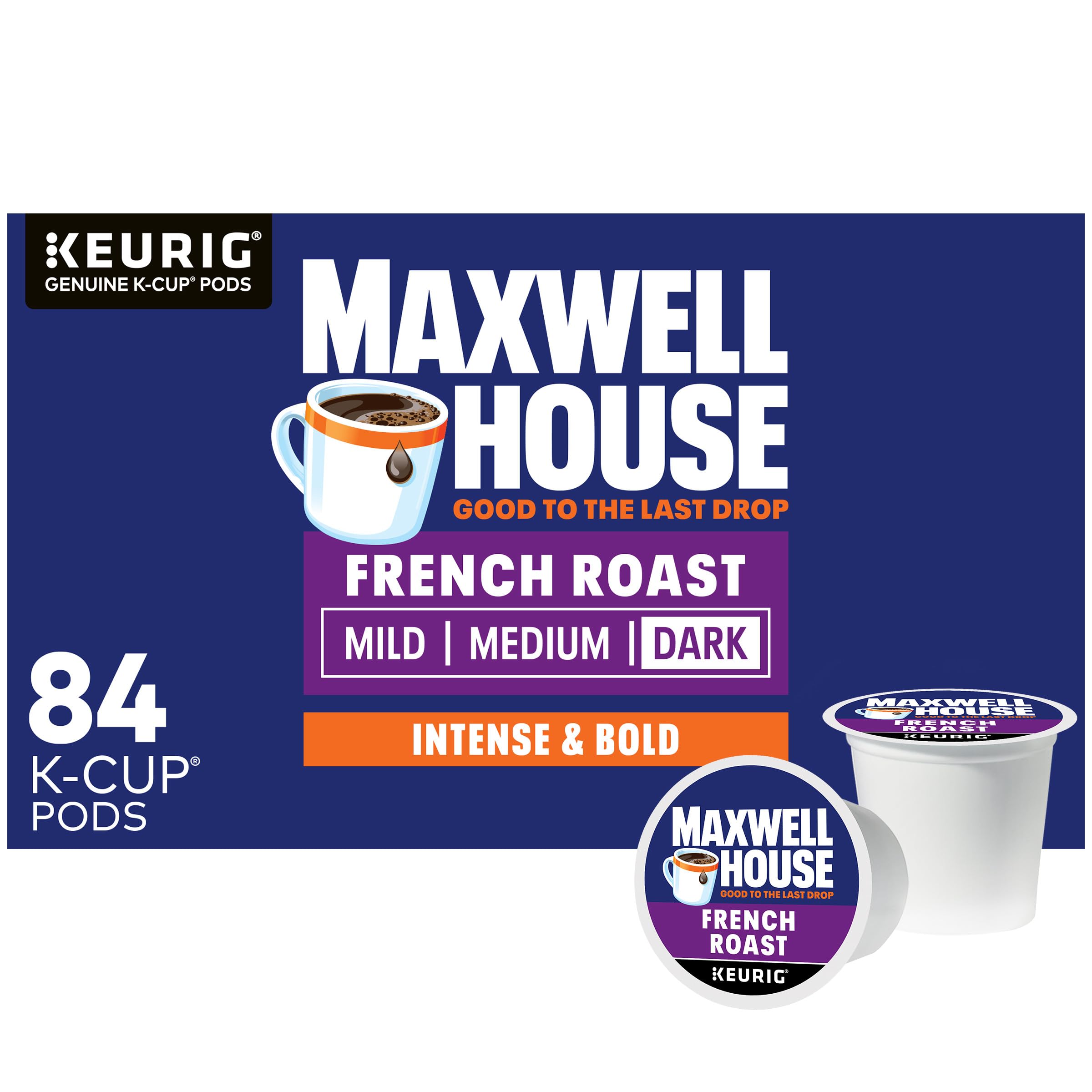 Maxwell House French Roast K-Cup pods for bold mornings.