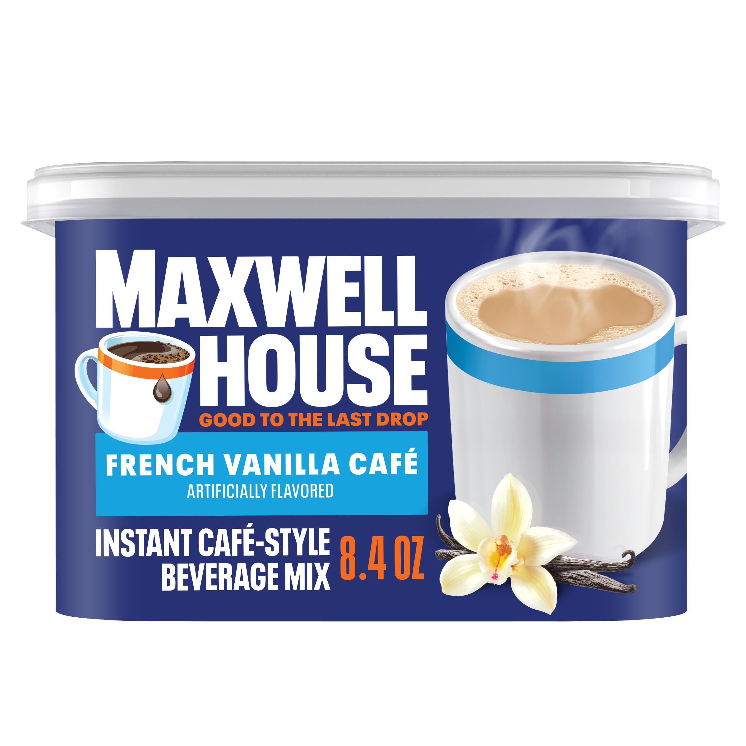 MAXWELL HOUSE French Vanilla instant coffee canister ready to brew at home.