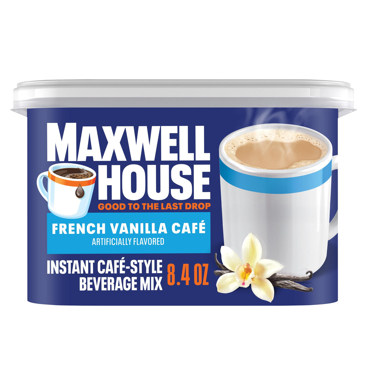 MAXWELL HOUSE French Vanilla instant coffee canister ready to brew at home.