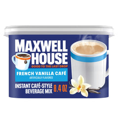 MAXWELL HOUSE French Vanilla instant coffee canister ready to brew at home.