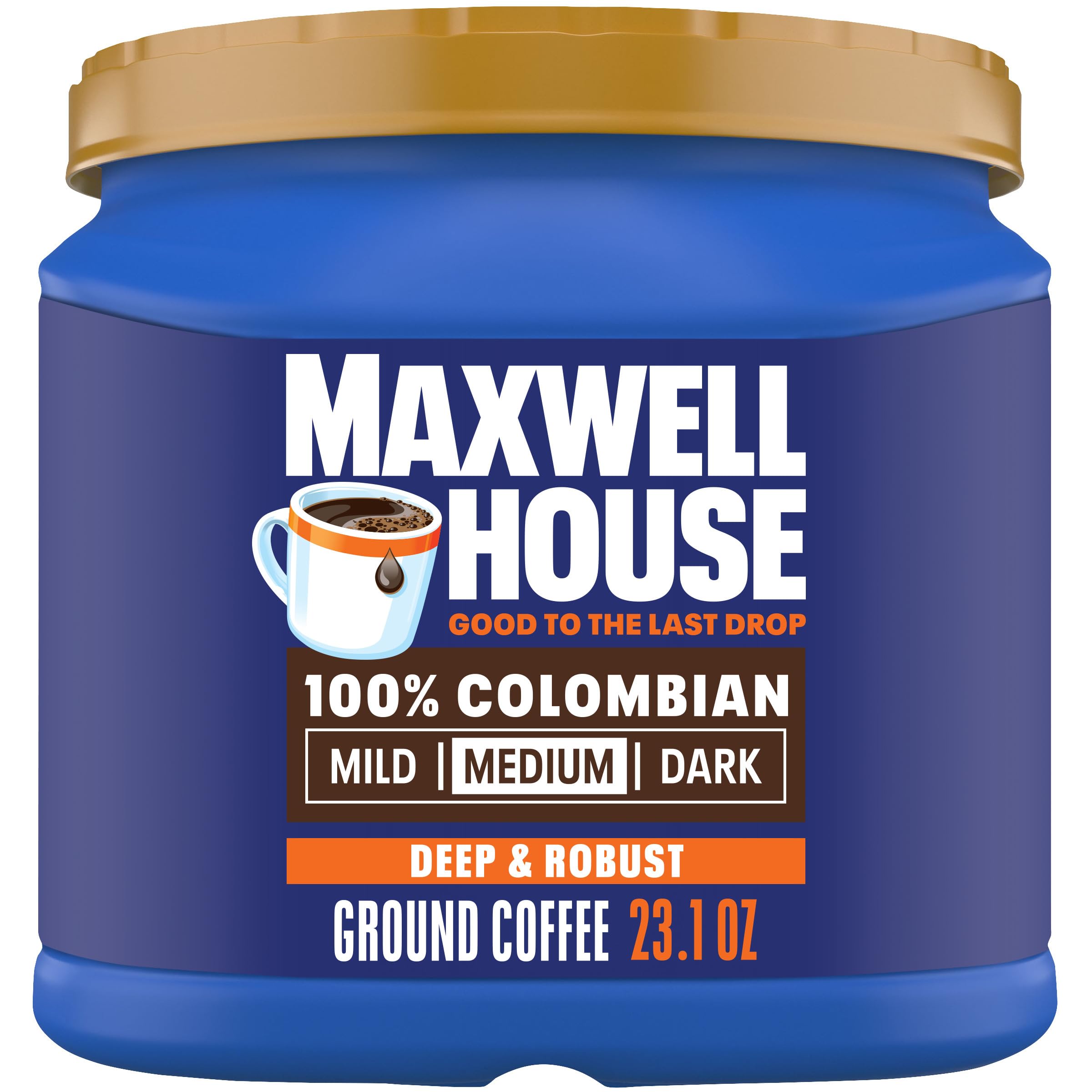 Maxwell House ground coffee canister front view for easy home brewing.