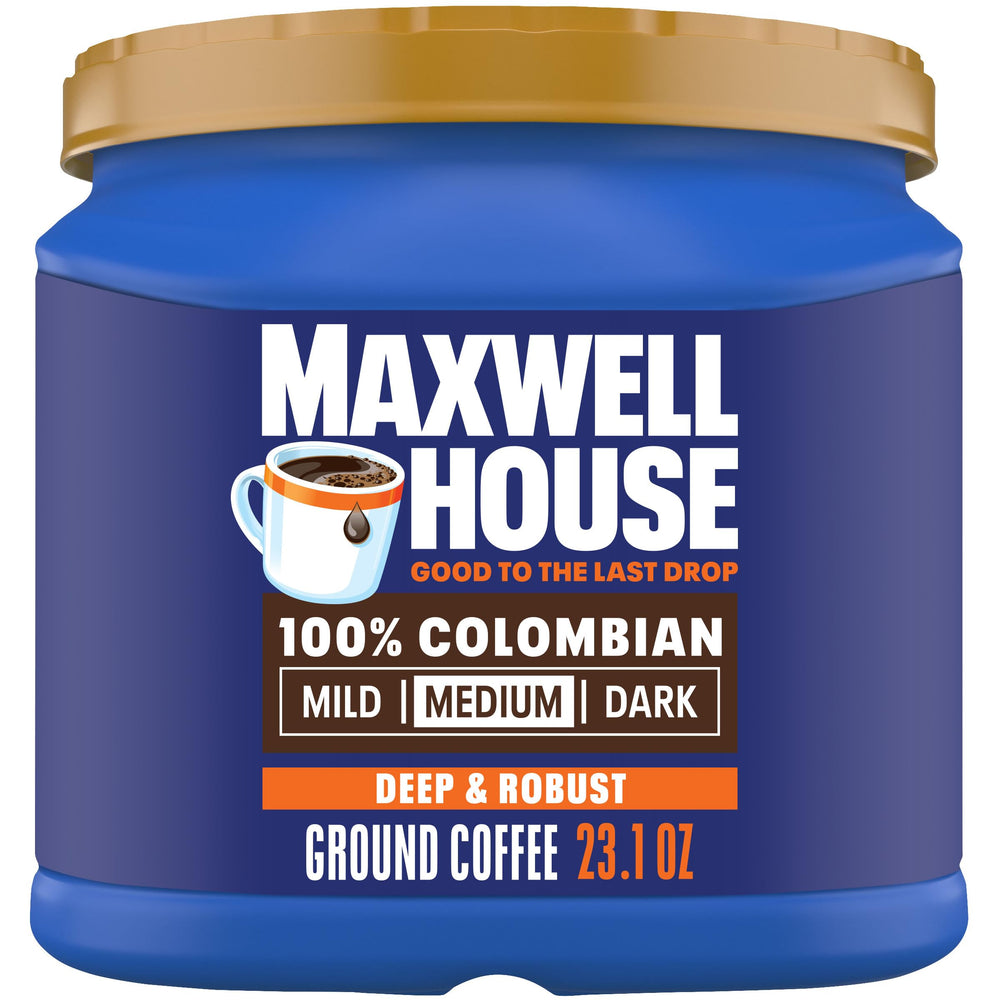 Maxwell House ground coffee canister front view for easy home brewing.