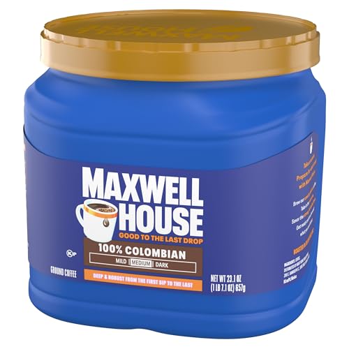 Maxwell House ground coffee in a measuring scoop, ready to brew.