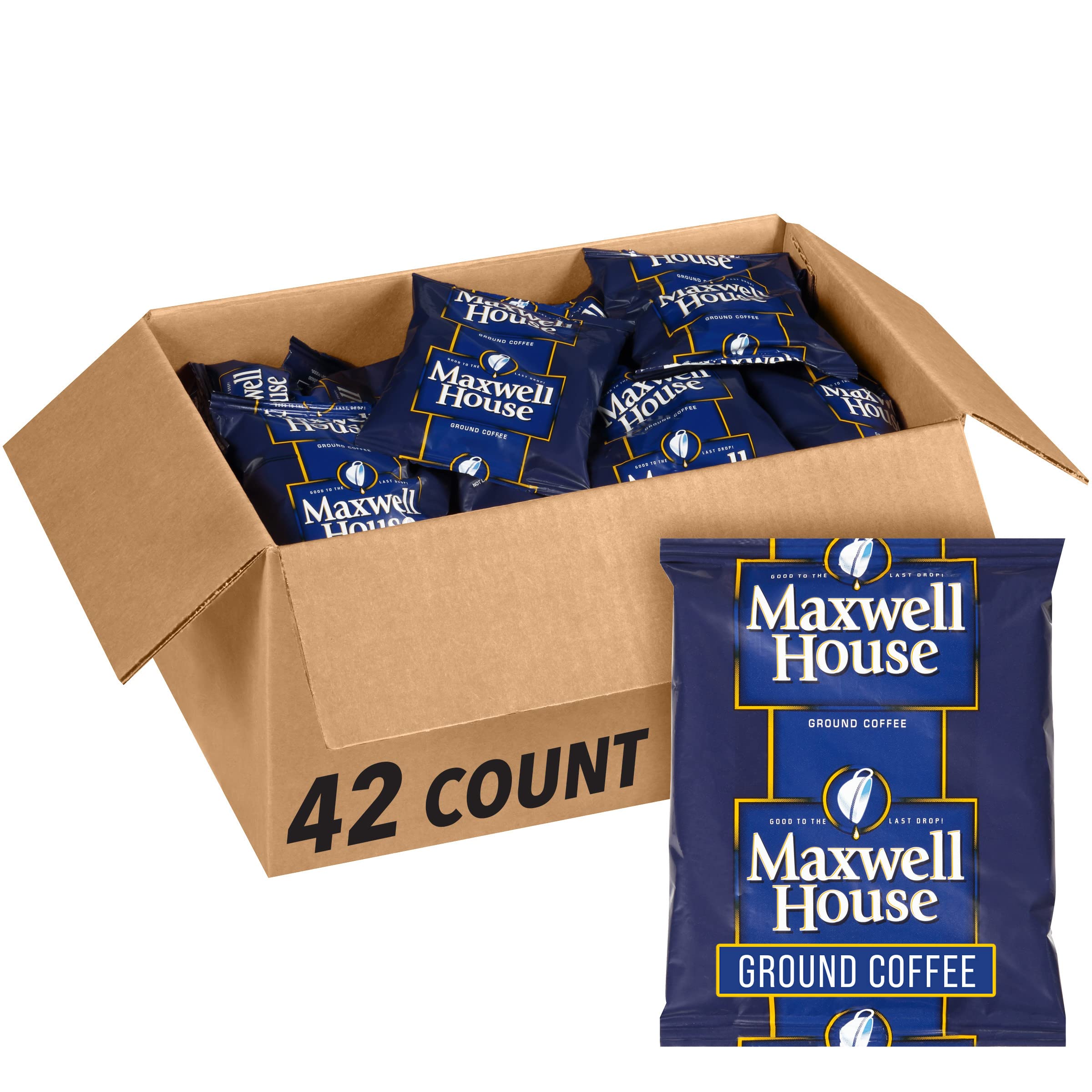 Maxwell House ground coffee packets closeup, showcasing aroma and convenience.