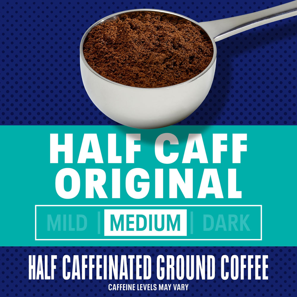 Close-up Maxwell House Half Caff Original label with kosher certification