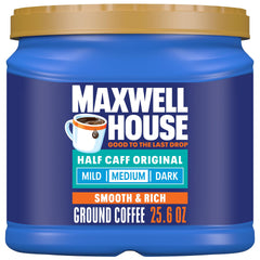 Maxwell House Half Caff Original canister front view for daily brewing convenience