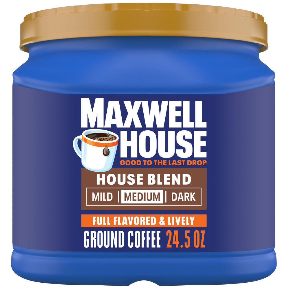 Maxwell House House Blend canister front view ready for daily brew.