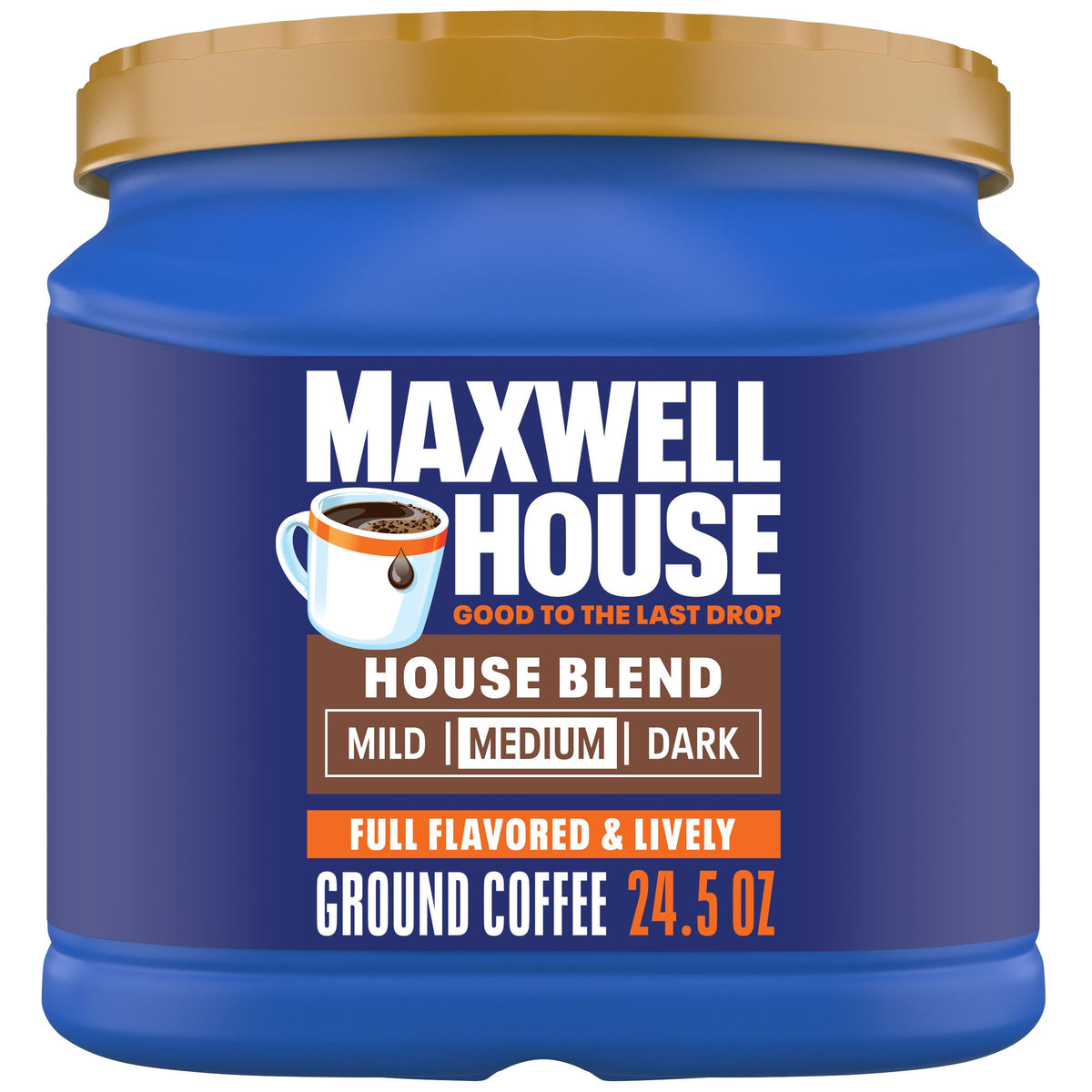 Maxwell House House Blend canister front view ready for daily brew.
