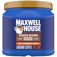 Maxwell House House Blend canister front view ready for daily brew.