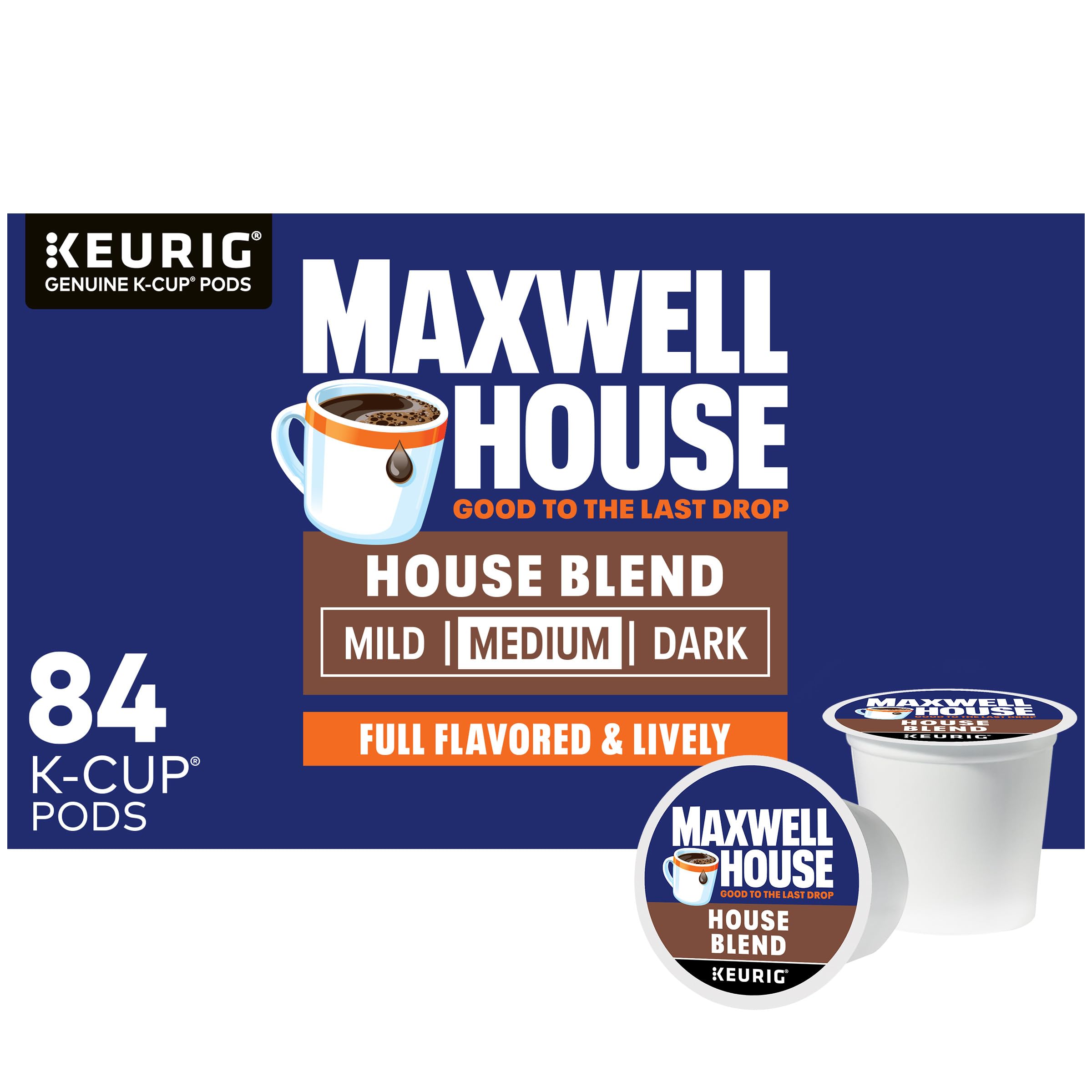 Maxwell House House Blend 84-count box pods deliver a smooth, full-bodied brew.