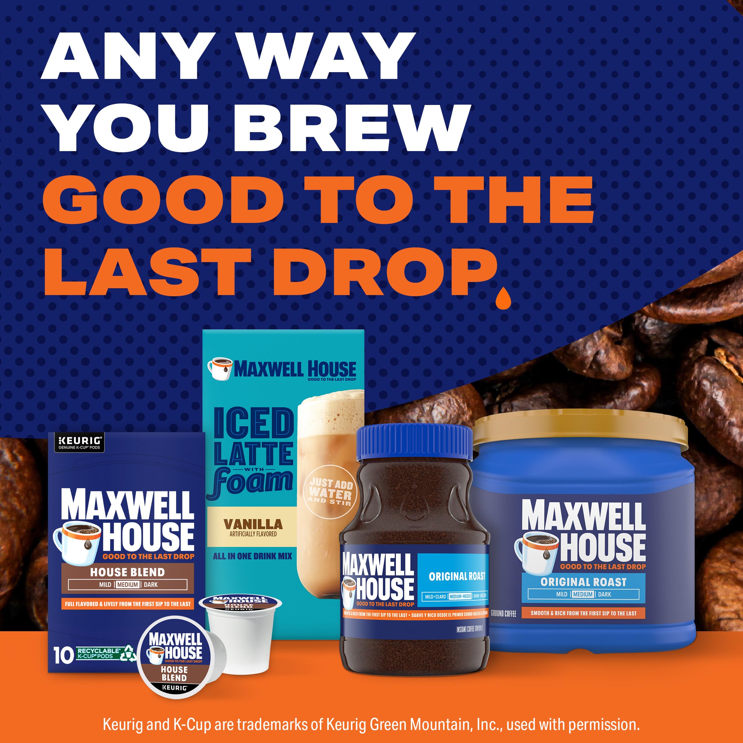 Roasted in the USA badge on Maxwell House House Blend packaging.