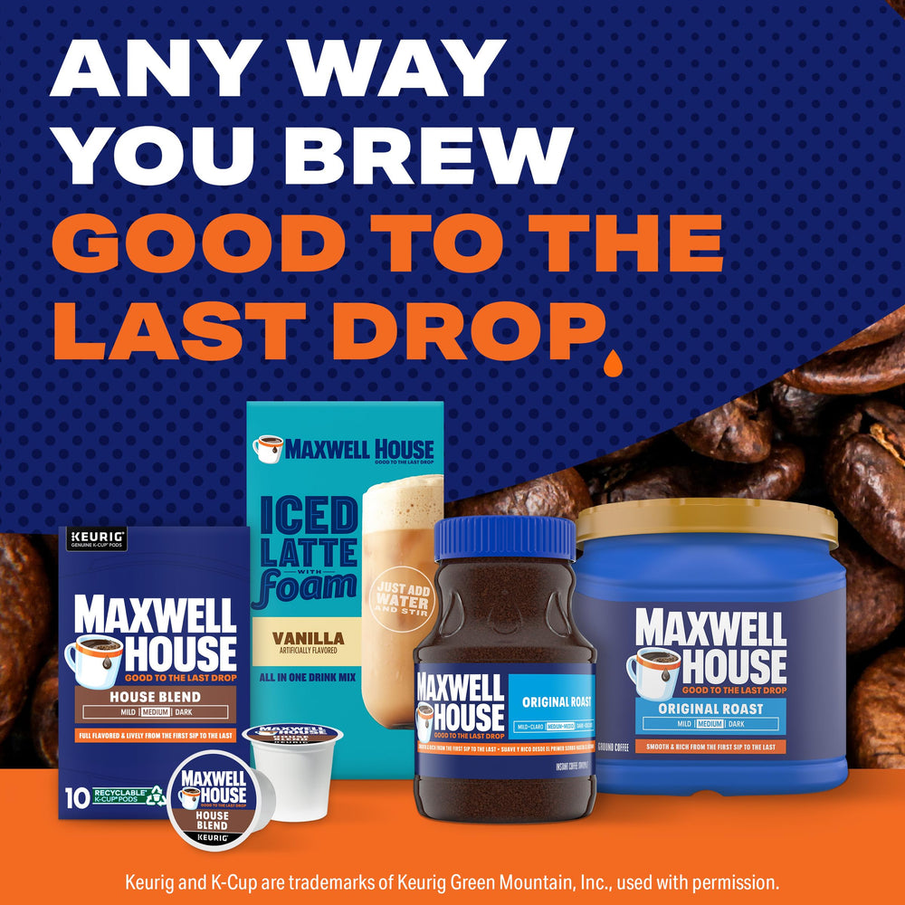 Roasted in the USA badge on Maxwell House House Blend packaging.