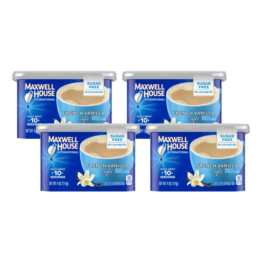 Maxwell House International French Vanilla Sugar Free cup shows creamy vanilla aroma and sugar-free appeal