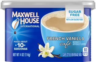 Maxwell House International French Vanilla Sugar Free mug with steam for a quick café-style drink
