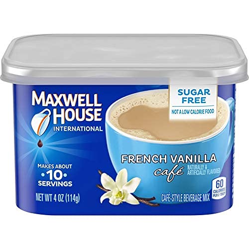 Hot water pours Maxwell House sugar-free French Vanilla into a quick cup