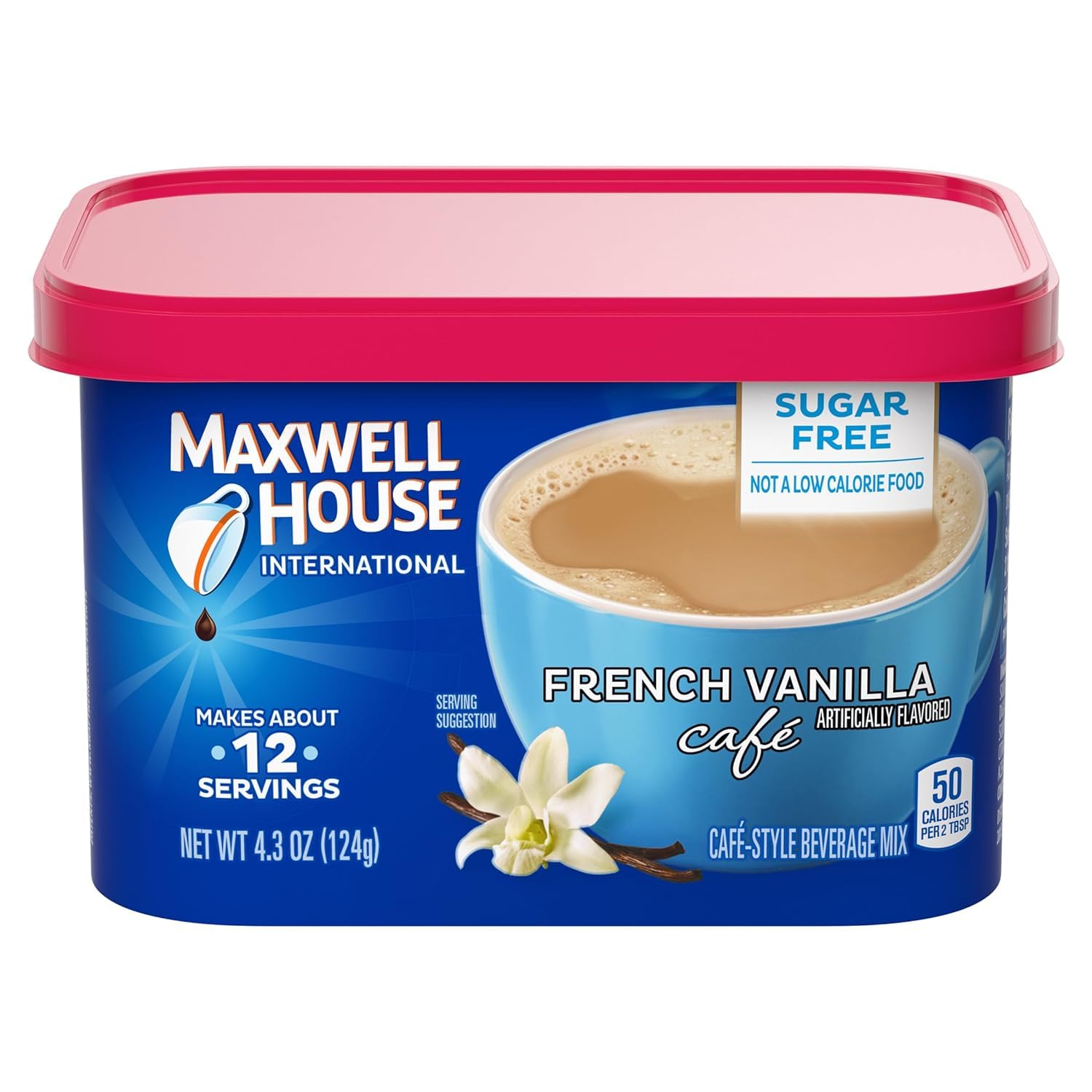 MAXWELL HOUSE sugar-free French vanilla instant coffee canister for cafe-style flavor at home