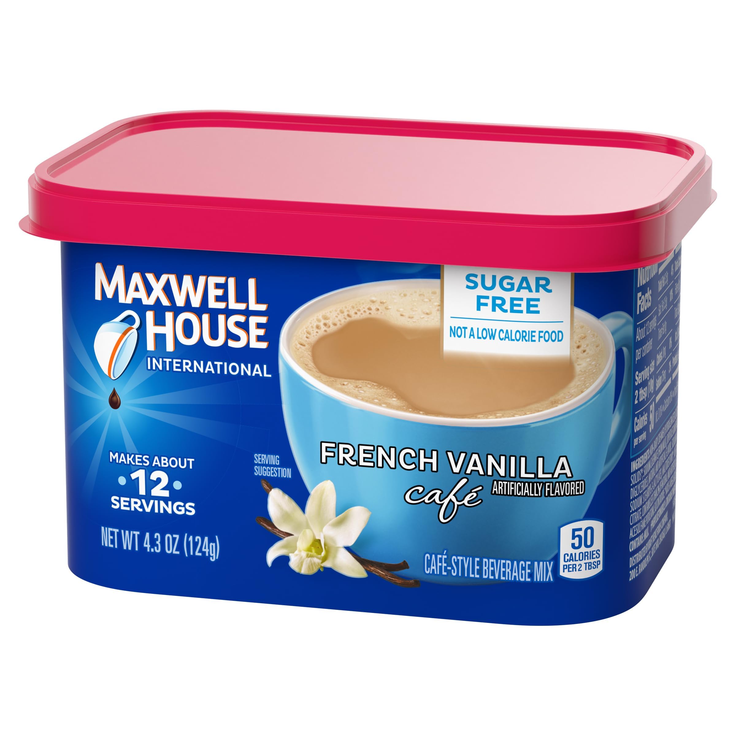 MAXWELL HOUSE sugar-free French vanilla label highlights decaf cafe-style mix for easy selection