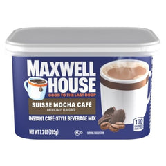 Maxwell House International Suisse Mocha canister close-up showing airtight seal for lasting flavor