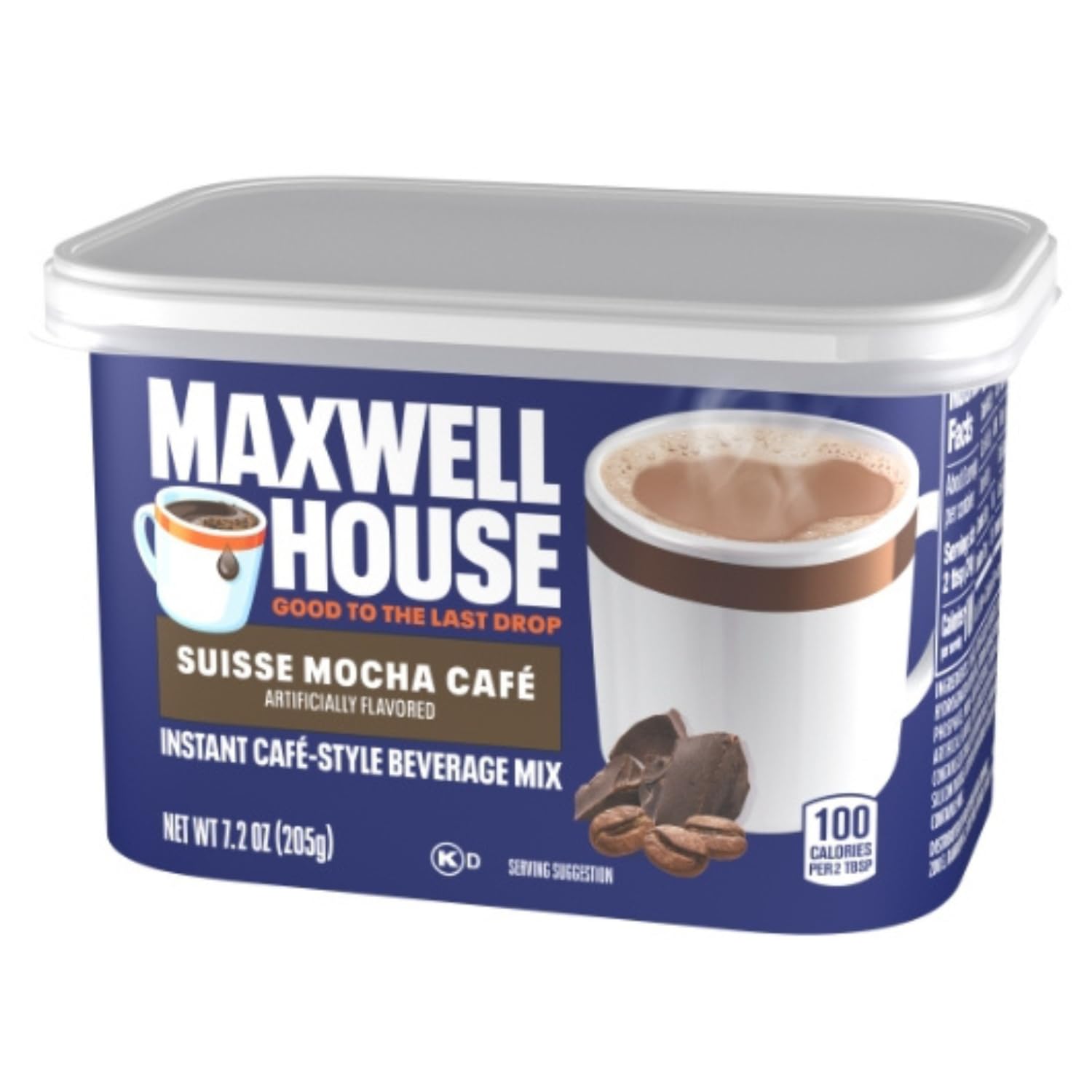 Sealed Maxwell House Suisse Mocha canister emphasizing resealable lid