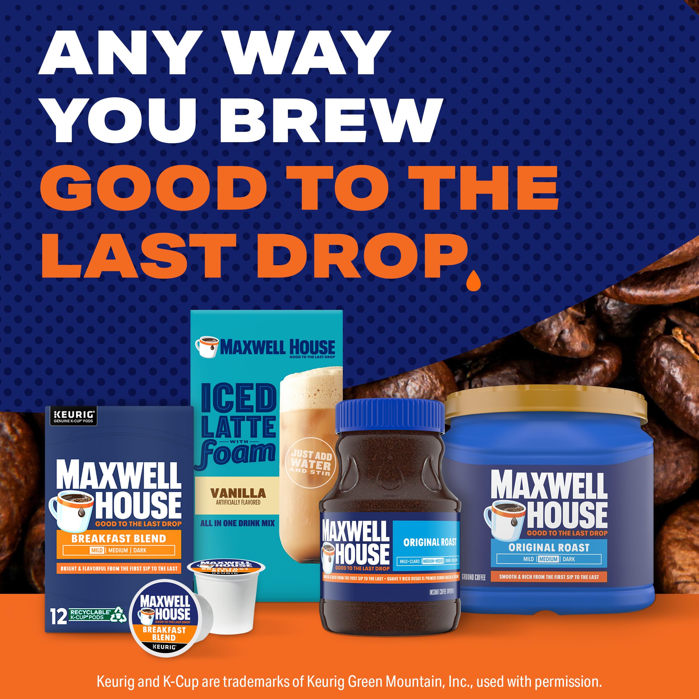 MAXWELL HOUSE Logo on a box of Breakfast Blend pods.