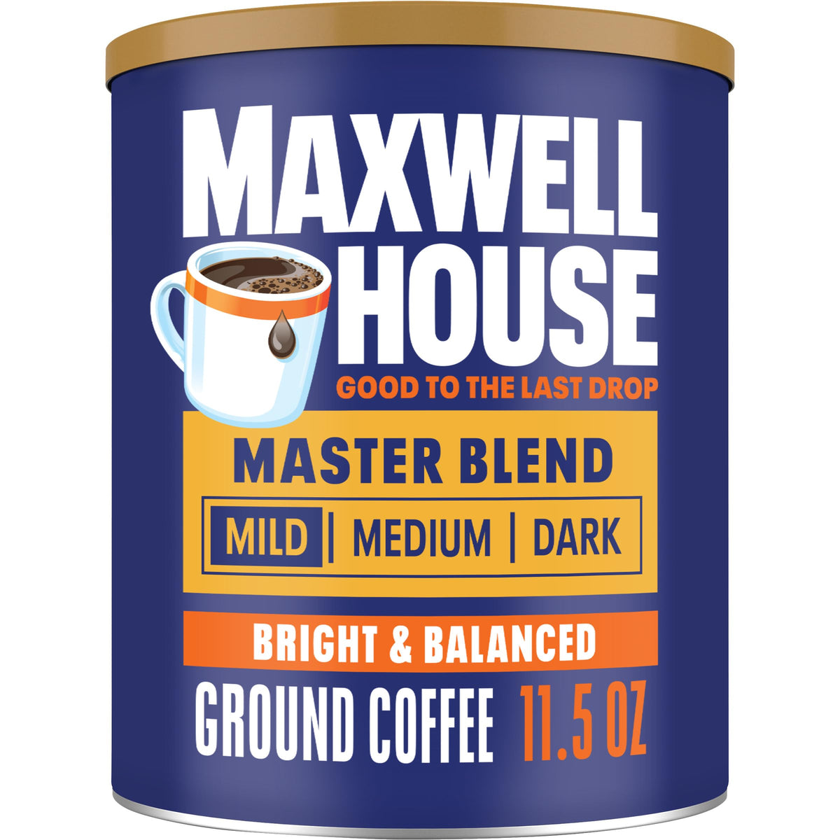 MAXWELL HOUSE Master Blend Light Roast canister on a counter preserving flavor between uses