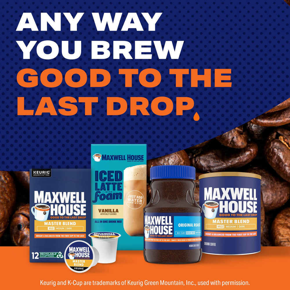 MAXWELL HOUSE Master Blend Light Roast coffee being poured for a consistent cup