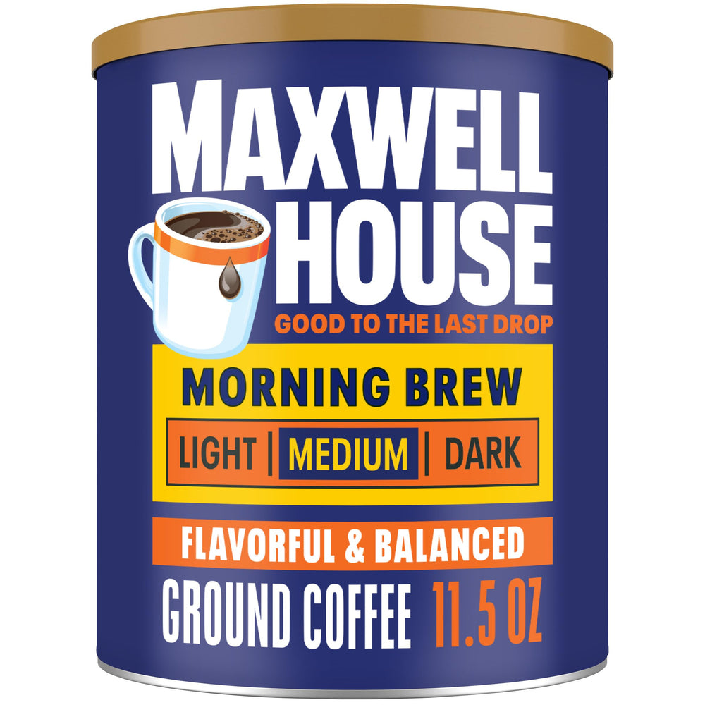 Maxwell House Morning Boost canister of medium roast grounds for daily brewing