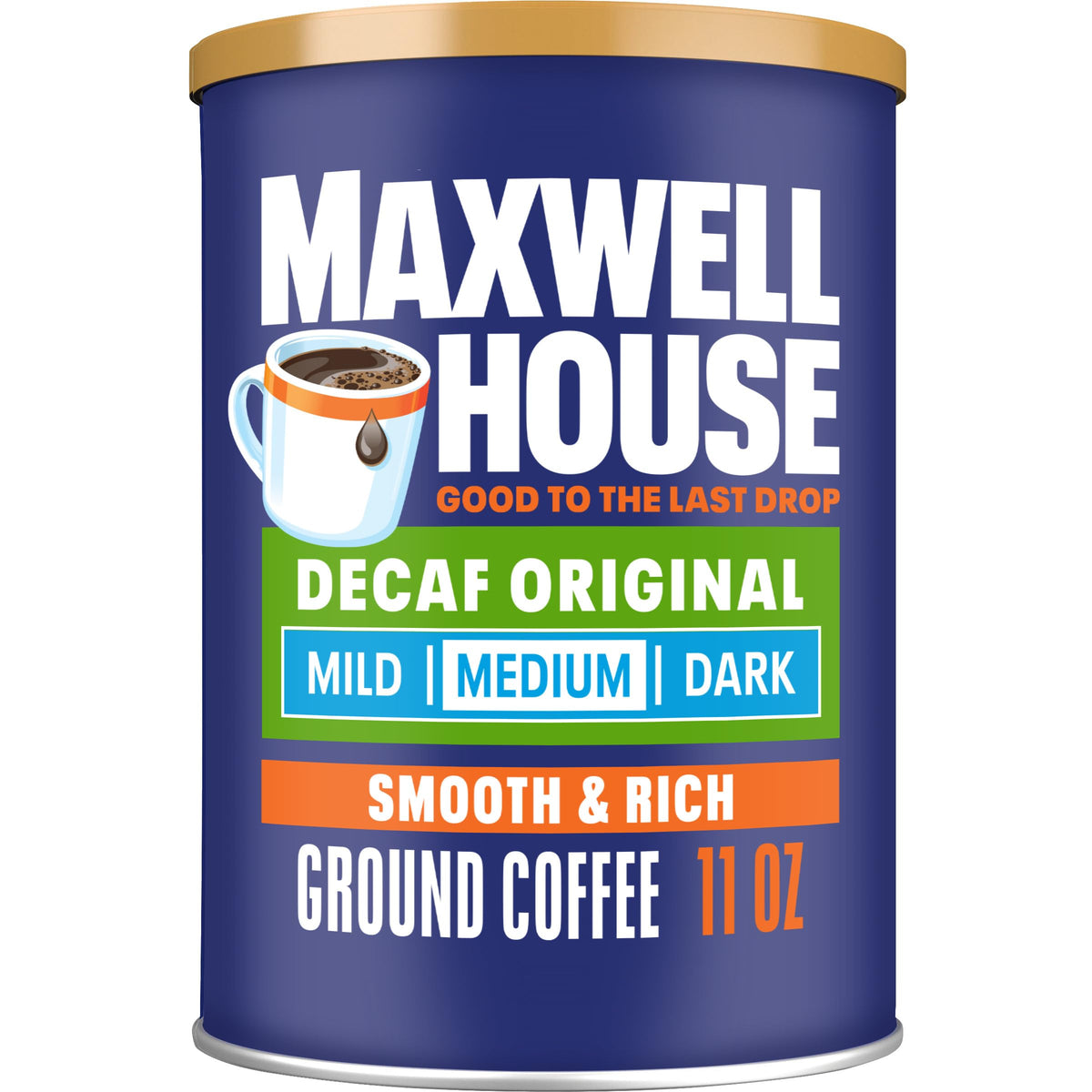 MAXWELL HOUSE Original Blend Decaf ground coffee canister keeps flavor fresh for daily brewing.
